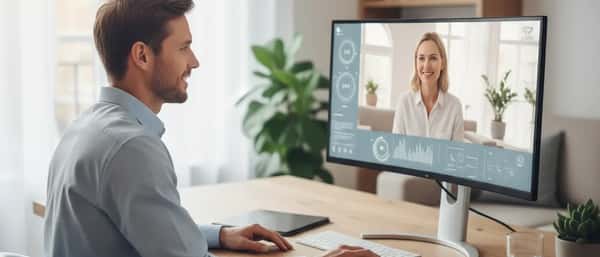 Femme consultant un médecin en visio sur son ordinateur portable dans un appartement français