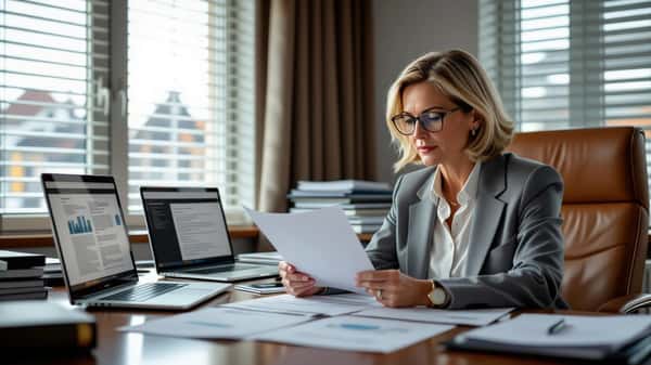 Nederlandse adviseur bekijkt het faillissementsregister op laptop in kantoor in Den Haag, juridische dossiers op bureau