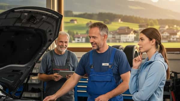 Innenansicht einer österreichischen Kfz Werkstatt mit Mechaniker an einem Fahrzeug auf der Hebebühne