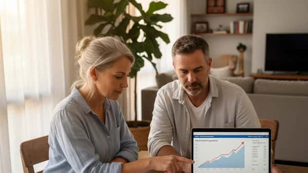 Australian couple in their late 50s reviewing superannuation statements and retirement projections together at a dining table in their suburban Melbourne home