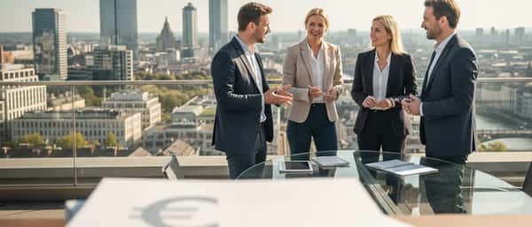 Finansiell rådgivare i modern kontorsmiljö i Stockholm som diskuterar investeringsdokument med klient