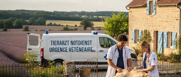 Besorgte Hundebesitzerin hält ihren Hund während der Untersuchung durch einen Tierarzt in einer Notdienstklinik bei Nacht