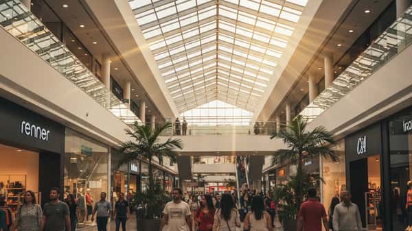Interior de shopping center moderno no Brasil com amplo atrium e fluxo de consumidores