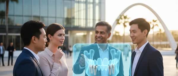 Dental consultation in a modern British surgery with patient and implantologist reviewing an X-ray