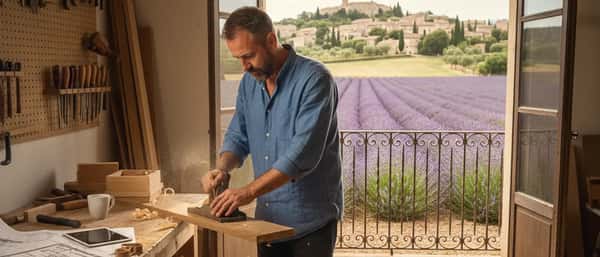 Handwerker in blauer Arbeitskleidung kniet in einer österreichischen Küche und erklärt einem Hauseigentümer die Rohrverbindungen