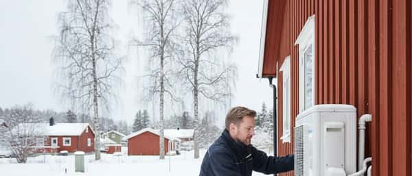 Norsk huseier sjekker utendørs varmepumpe på veggen av rødbrunt trehus i vintersnø