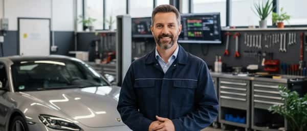 Nederlandse automonteur in blauwe overall inspecteert een motor met diagnoseapparatuur in een moderne garagewerkplaats