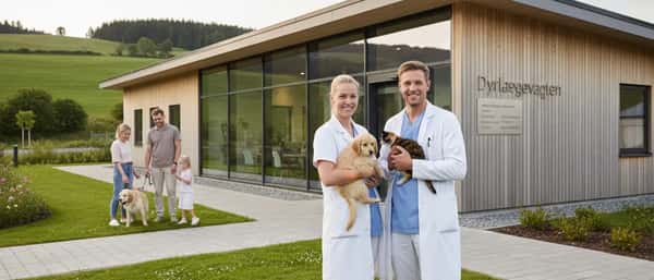 Dansk dyrlæge i blå kittel undersøger en golden retriever hvalp på en veterinærklinik om aftenen