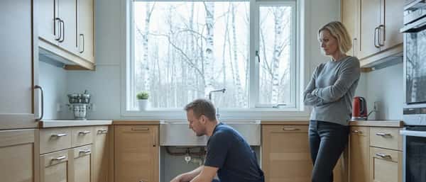 Rørlegger i arbeidsklær reparerer kobberrør under kjøkkenvask i norsk bolig