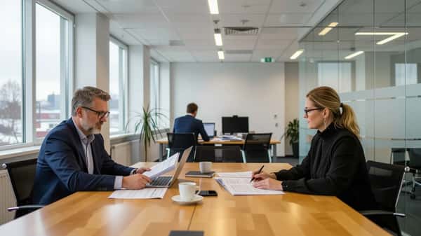 Kaksi suomalaista ammattilaista tarkastelee työsopimuksia tamperelaisessa neuvotteluhuoneessa, pohjoinen hajautunut valo
