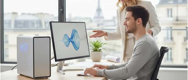 Technicien inspectant un ordinateur portable reconditionné sur un plan de travail dans un atelier de réparation électronique