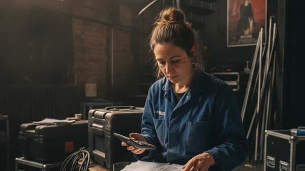 Technicienne du spectacle triant ses fiches de paie et contrats AEM dans les coulisses d'un théâtre à Lyon