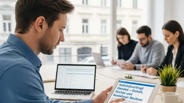 Oesterreichischer Arbeitnehmer prueft seine KV-Rechte 2026 im Handel