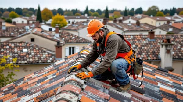 Couvreur en harnais de sécurité orange posant des tuiles sur un toit traditionnel à Bordeaux, vue grand angle sur les toits résidentiels environnants