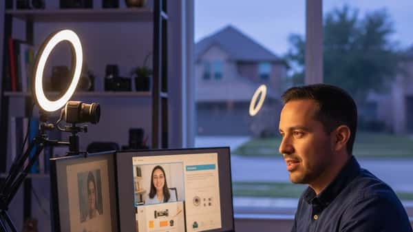 Latino male tutor teaching online at a professional home desk setup with ring light and webcam in suburban Houston