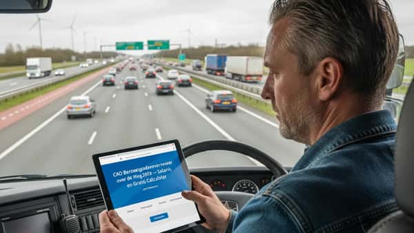Nederlandse vrachtwagenchauffeur raadpleegt zijn cao-rechten in 2026