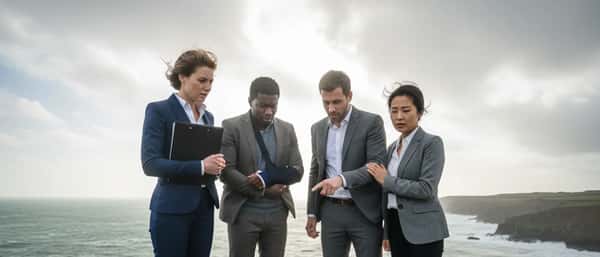 Personal injury lawyer consulting with a client in a Canadian law office during winter, discussing a claim across a dark wood desk