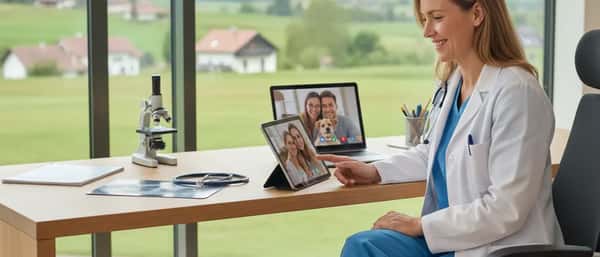 Kvinna med golden retriever under ett digitalt veterinärbesök via surfplatta i ett ljust skandinaviskt vardagsrum