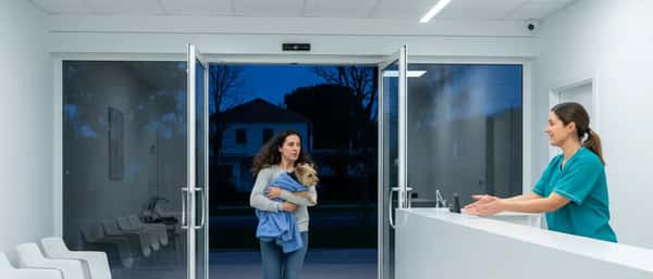 Mulher portuguesa a chegar a uma clínica veterinária de urgência à noite com o seu cão ao colo