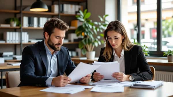 Mains d'un homme consultant des documents officiels sur les droits au chômage dans une agence France Travail à Bordeaux