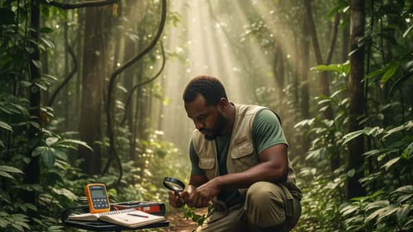 Pesquisador brasileiro examinando vegetação em floresta amazônica perto de Manaus, equipamento de campo visível, luz matinal entre as árvores