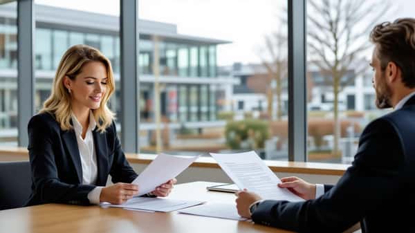 Werkneemster bespreekt haar rechten bij bedrijfsovername met HR-manager in modern kantoor in Eindhoven