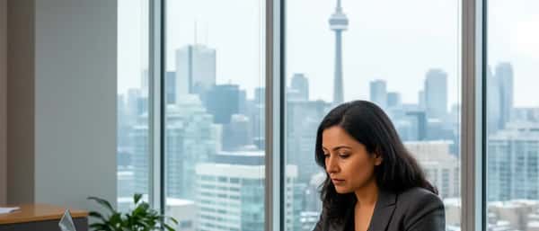 South Asian Canadian woman reviewing financial documents at a Toronto office desk with winter cityscape through windows