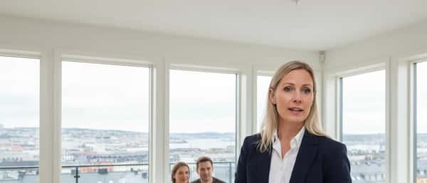 Eiendomsmegler vurderer en bolig i en lys Oslo-leilighet med norsk par