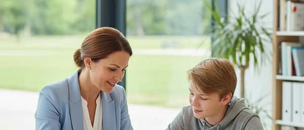Nederlandse tiener studeert Engels met bijlesdocent aan een helder bureau met lesboek en laptop