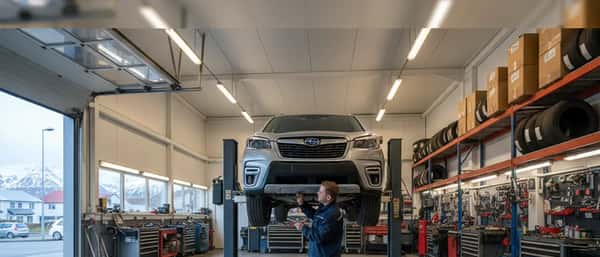 Bifvélavirki skoðar undirvagn bíls á lyftu í bílaverkstæði í úthverfi Reykjavíkur