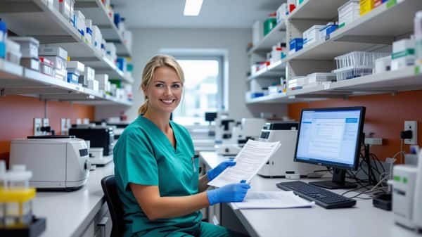 Bioanalytiker i kommunalt sundhedscenter laboratorium sammenligner prøveresultater – KL overenskomst OK26 2026-2029