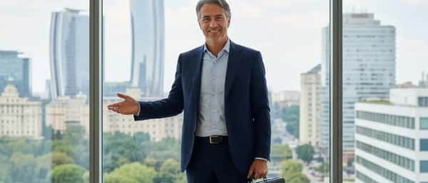 Avvocatessa italiana in abito blu che esamina documenti legali alla scrivania di uno studio moderno a Milano