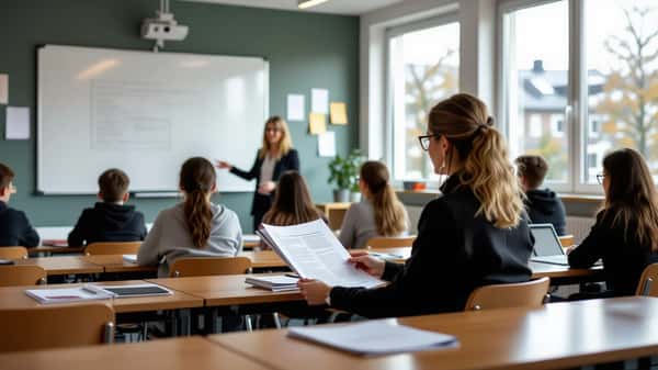 Lärare i ett modernt klassrum i Göteborg granskar friskoleavtalets bestämmelser vid ett skrivbord
