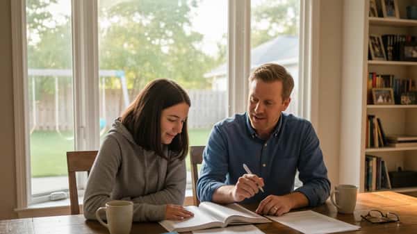 Tutor and teenage student working together at a kitchen table over a calculus textbook in a suburban American home