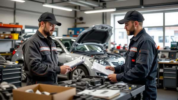 Kfz-Techniker in einer Werkstatt prüft Tarifrechte und Gehalt im Kraftfahrzeuggewerbe, Deutschland 2026