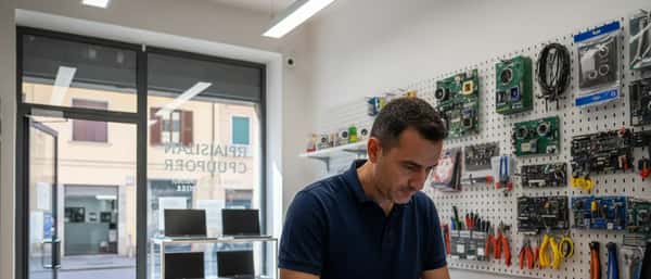Tecnico informatico che ripara un laptop in un negozio di riparazione computer a Milano