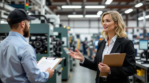 Labor compliance inspector in mid-explanation gesture with a factory worker on the floor of a Burlington, Vermont manufacturing facility