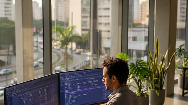 Profissional de TI brasileiro estudando diagramas de banco de dados em escritório moderno em São Paulo com múltiplos monitores