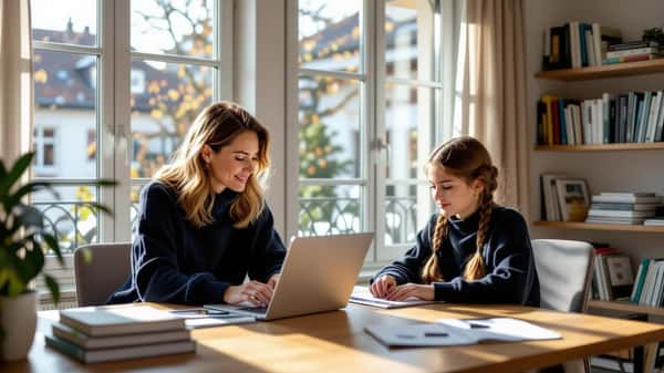 Élève de 12 ans concentrée sur ses devoirs de mathématiques dans un appartement de Lausanne