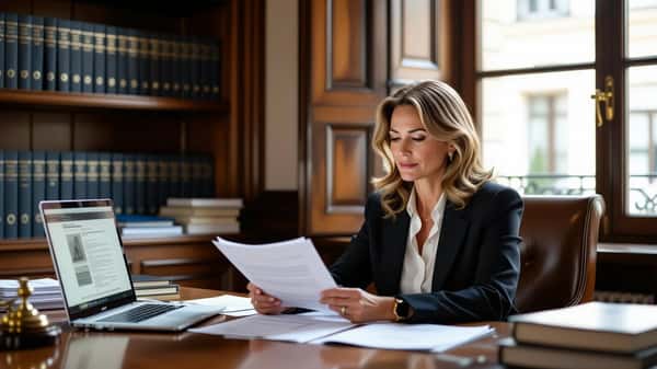 Avocate consultant des documents de conformité IA dans un cabinet à Lyon, lumière d'après-midi, dossiers juridiques visibles