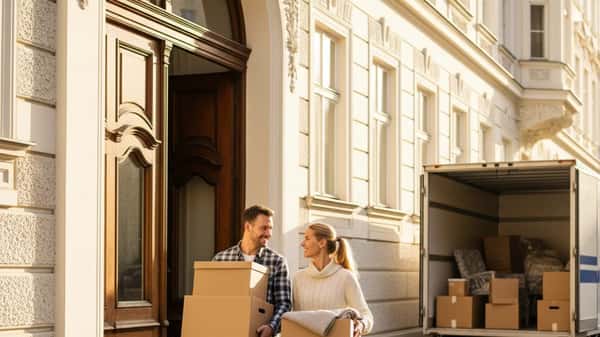 Österreichisches Paar trägt Umzugskartons in ein Wiener Altbau-Gebäude