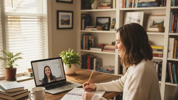 Young American woman studying English online with a tutor via video call at a home desk with bookshelves in warm afternoon sunlight