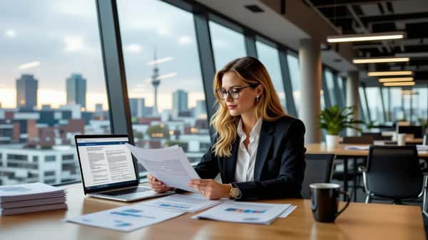 Nederlandse HR-professional in een modern Rotterdams kantoor die cao-documenten doorleest naast een open laptop