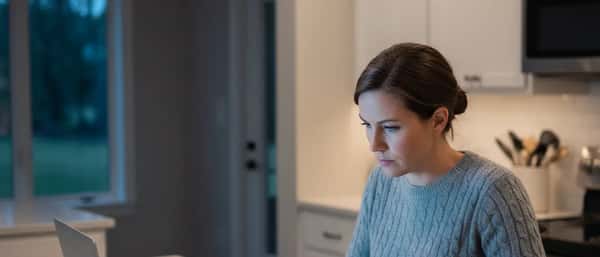Woman reviewing legal documents at kitchen counter while searching for divorce lawyers on laptop