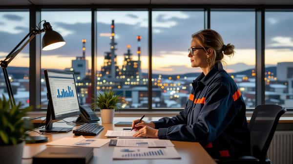 HR-chef i Luleå stålverk förklarar lönerevisionstabeller för Stål- och metallavtalet 2025–2027 framför industriellt fönster