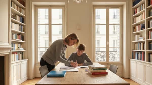 Professeure aidant un élève à faire ses devoirs dans un appartement parisien éclairé par la lumière dorée de l'après-midi