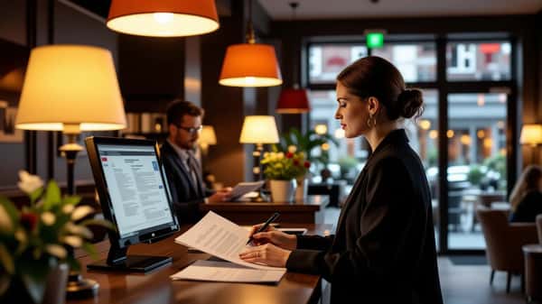 HR-chef på ett hotell i Göteborg granskar Besöksnäringens tjänstemannaavtal Visita–Unionen vid receptionen
