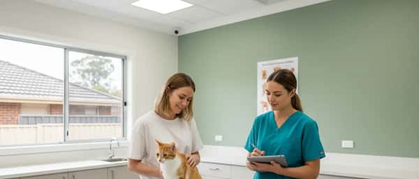 Woman holding a tabby cat at a modest suburban veterinary clinic in Melbourne while a vet takes notes