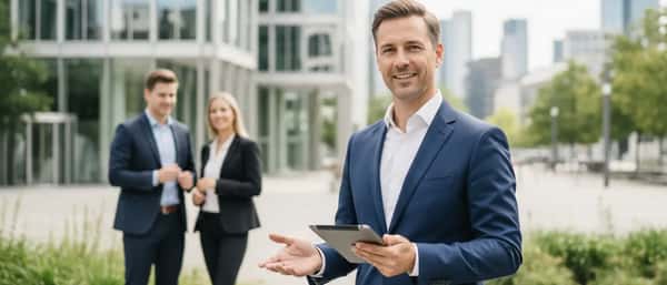 Finanzberater bespricht Anlagestrategien mit einem Ehepaar in einem modernen Büro mit Finanzgrafiken im Hintergrund