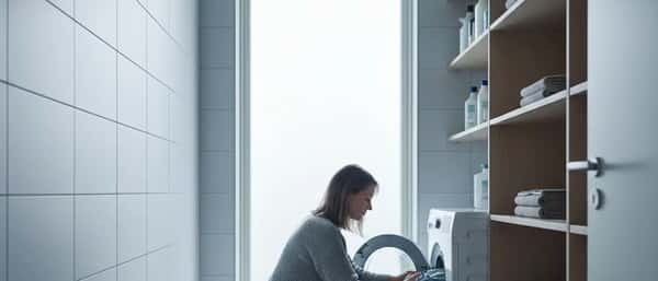 Nordisk kvinne laster klær inn i en hvit frontmatet vaskemaskin i et moderne skandinavisk vaskerom med hvite fliser og bjørkehyller